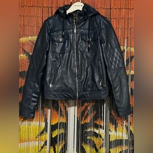Coca Bella Women’s Hooded Faux Leather Jacket Dark Blue Size MD